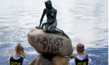Patung Little Mermaid di Denmark Dicoreti tulisan "Racist Fish"