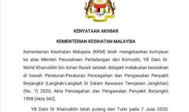 Langgar Karantina, Menteri Perladangan Malaysia Didenda Rp3,5 Juta