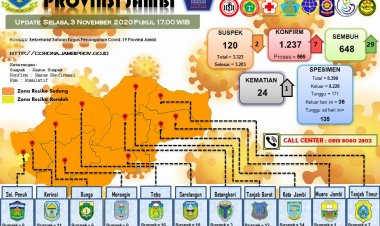 Update Corona Jambi 3 November, Pasien Positif Bertambah 7 Orang, Meninggal 1 Orang, dan Sembuh 29 Orang