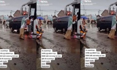 Viral! Sang Istri Dorong Paksa Suami Naik Bus Hingga Terhuyung Ditonton Hingga 2,7 Juta Kali