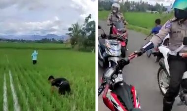 Bikin Ngakak! Pemotor Loncat ke Sawah Pura-pura Garap Sawah, Saat Polisi Lagi Patroli Vaksin