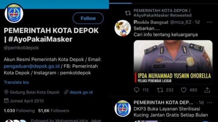 Usai Viral Retweet 'Polisi Penembak Laskar', Admin Akun Pemkot Depok Dinonaktifkan