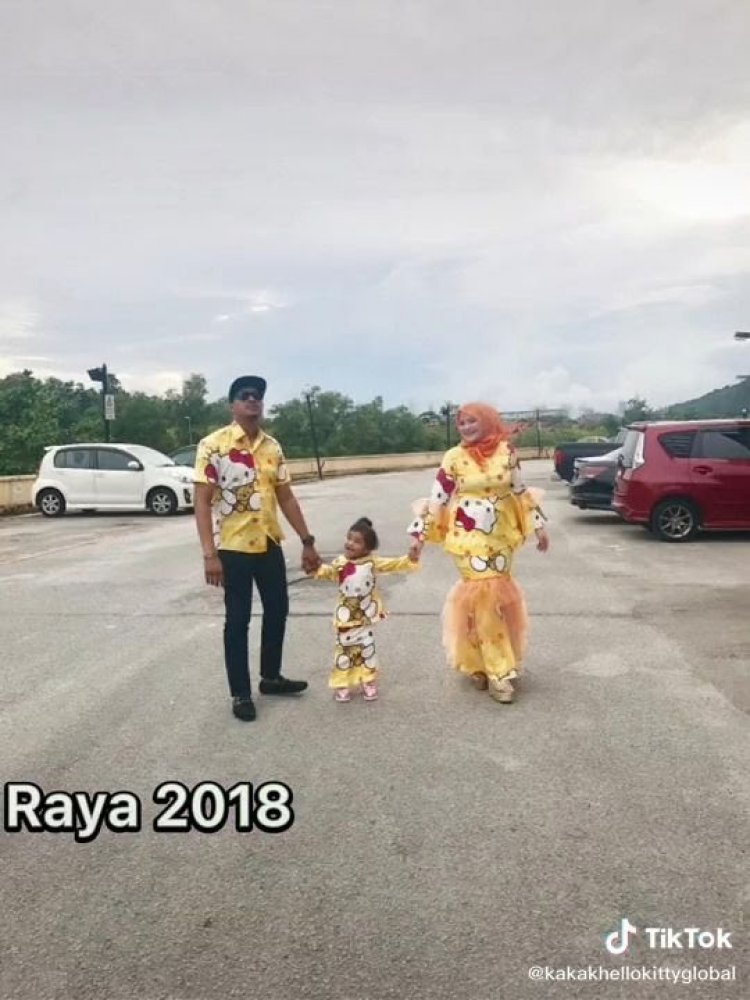 Viral! Ayah Ibu dan Anak-anak Selalu Pakai Baju Lebaran Hello Kitty