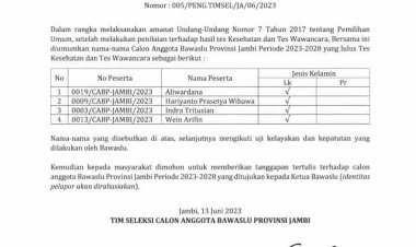 Timsel Umumkan 4 Besar Calon Anggota Bawaslu Jambi, Ini Nama-namanya