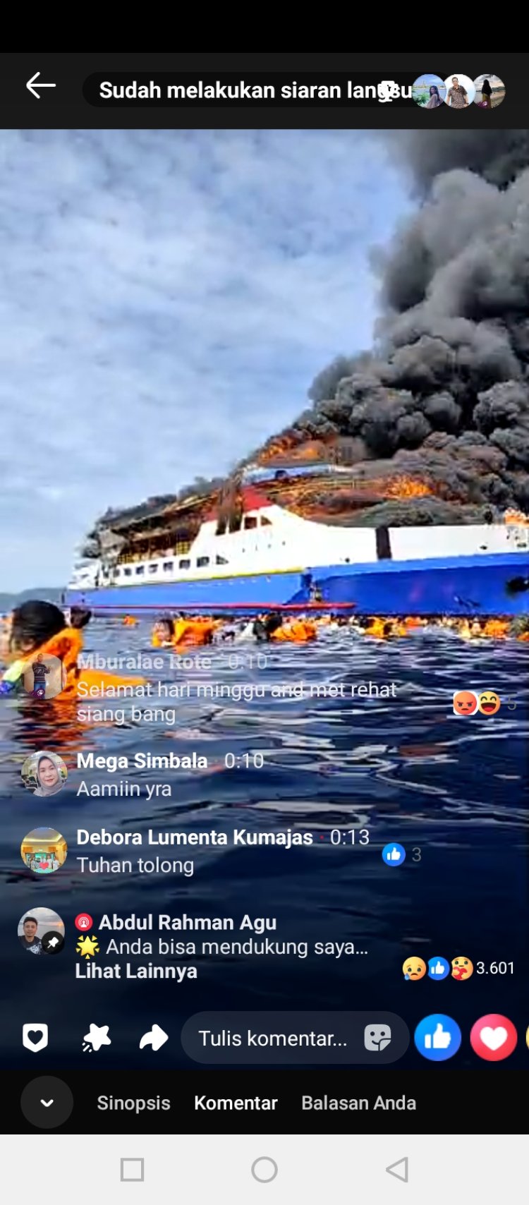 Breaking News!! KM Barcelona 5 Terbakar di Perairan Pulau Talise, Penumpang Panik Lompat ke Laut