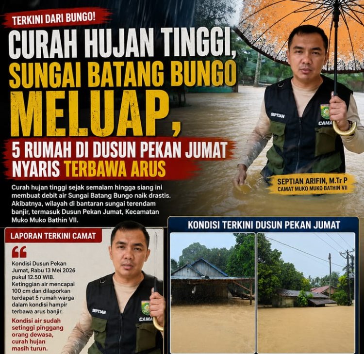 Curah Hujan Tinggi, Sungai Batang Bungo Meluap, 5 Rumah di Dusun Pekan Jumat Nyaris Terbawa Arus