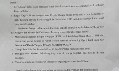 Udara Tidak Sehat, Disdikbud Tanjabbar Liburkan Siswa TK Hingga SMP Selama 3 Hari