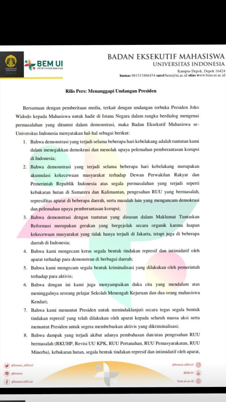 Ketua BEM UI Ogah Ketemu Jokowi, Buat Rilis Resmi...